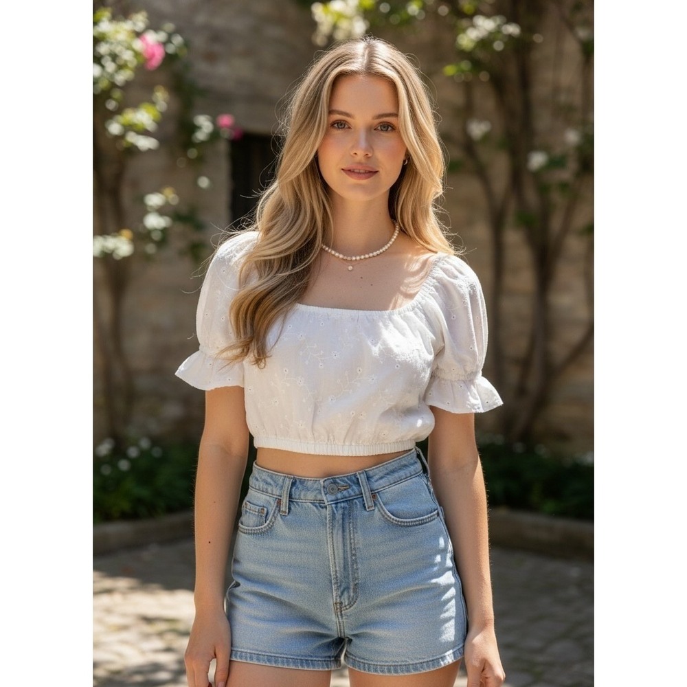 Reformation White Eyelet Floral Crop Top Puff‎ Sleeve Cottagecore Coquette - M
